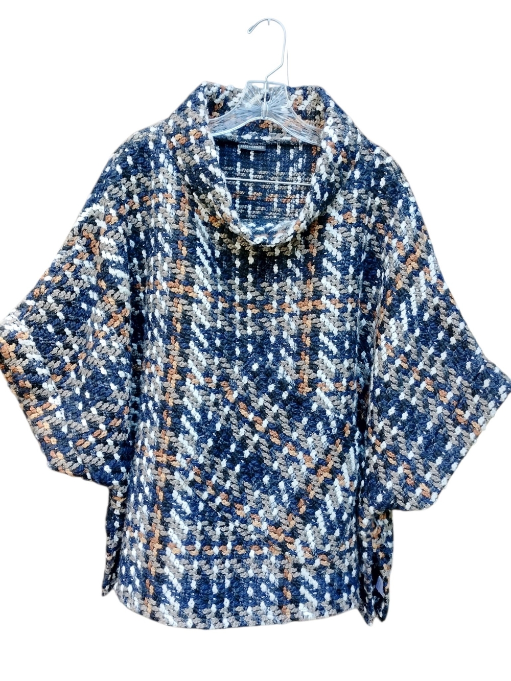Coco + Carmen Navy, Cream & Tan Plaid Cowl Neck Sweater